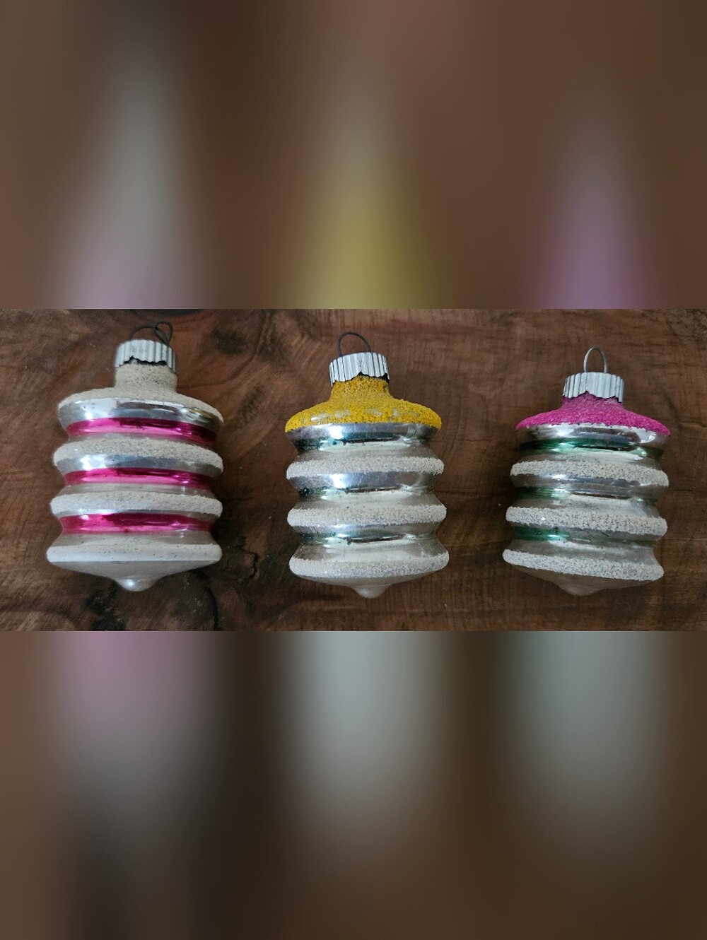 Shiny Brite Glass Christmas Ornament Unsilvered Lantern Mica Sugar Stripes Lot 3